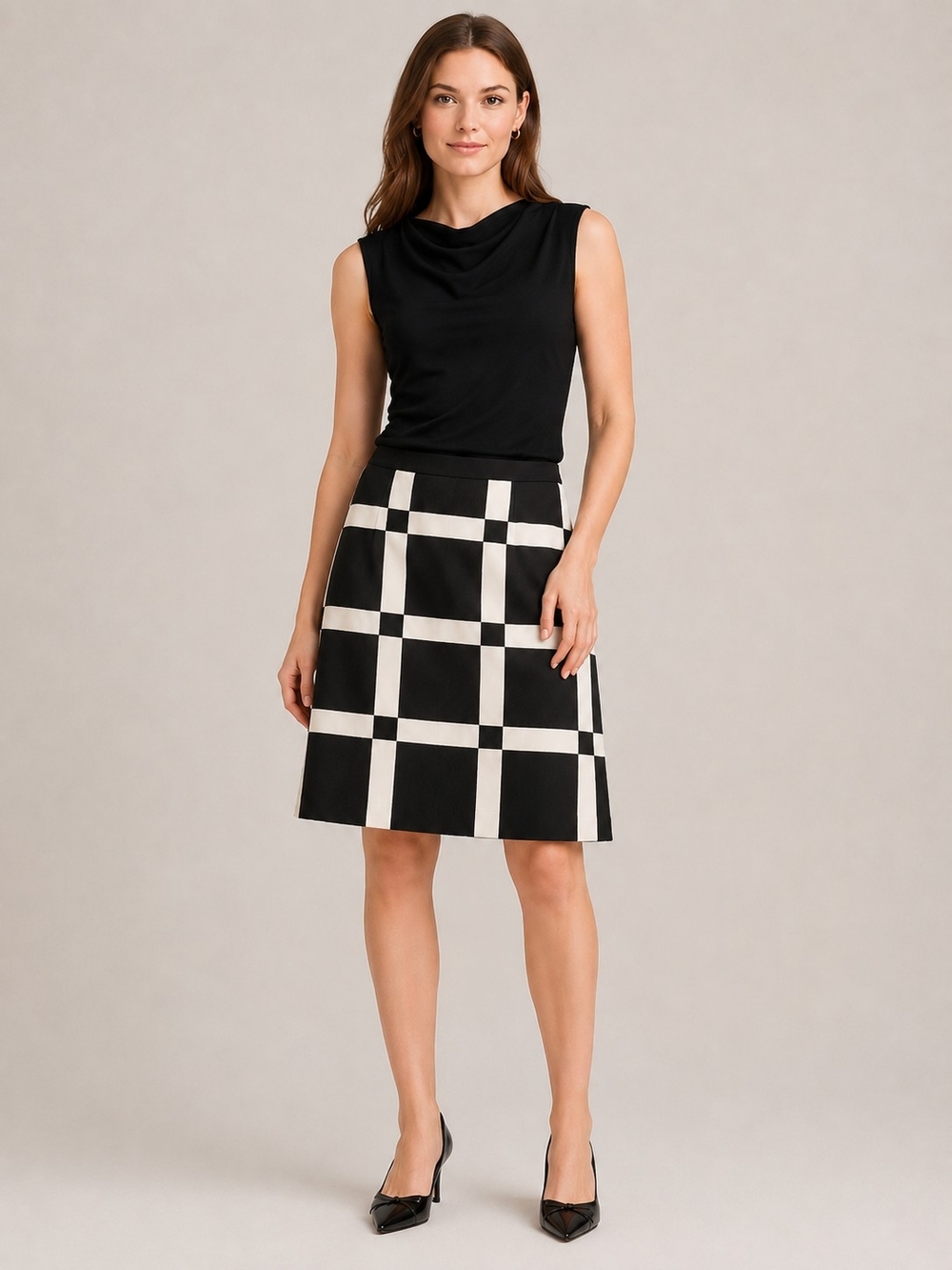 Halogen Black and White Windowpane A-Line Skirt